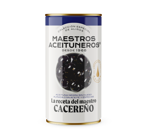 MAESTROS ACEITUNEROS ACEITUNAS NEGRAS ALINEADAS ACIETE ESPECIAS 320g