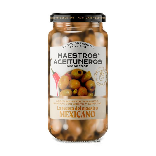 MAESTROS ACEITUNEROS ACEITUNA VERDE ALINEADAS ACIETE Y ESPECIAS 350g