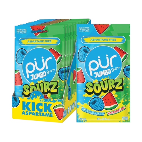 PUR GUM GOMA DE MASCAR JUMBO SOURZ BLUE RASPBERRY WATERMELON 81g