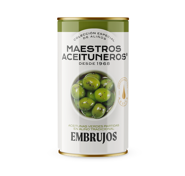 MAESTROS ACEITUNEROS ACEITUNA VERDE ALINEADAS ACIETE Y ESPECIAS 350g