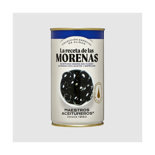MAESTROS ACEITUNEROS ACEITUNAS NEGRAS ALINEADAS ACIETE ESPECIAS 320g