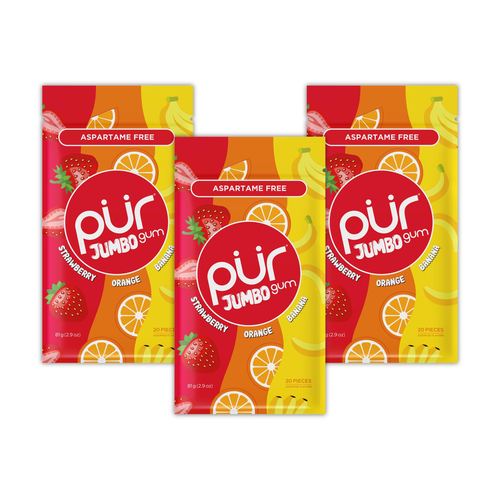 PUR GUM GOMA DE MASCAR JUMBO STRAWBERRY ORANGE BANANA 81g